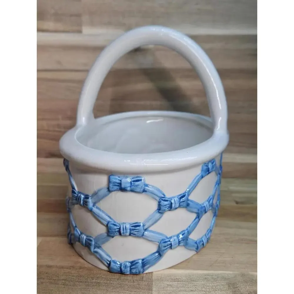 Vintage Italian Ceramic Lattice Basket Blue Woven Pottery 7" Tall Spring/Easter - Picture 3 of 15